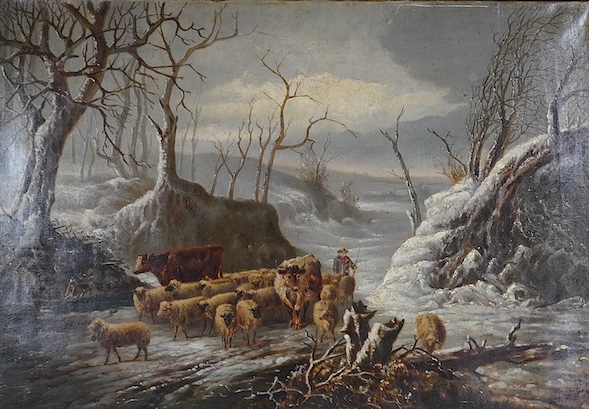 Victorian School, oil on canvas, Winter landscape with sheep and cows, 45 x 65cm. Condition - fair